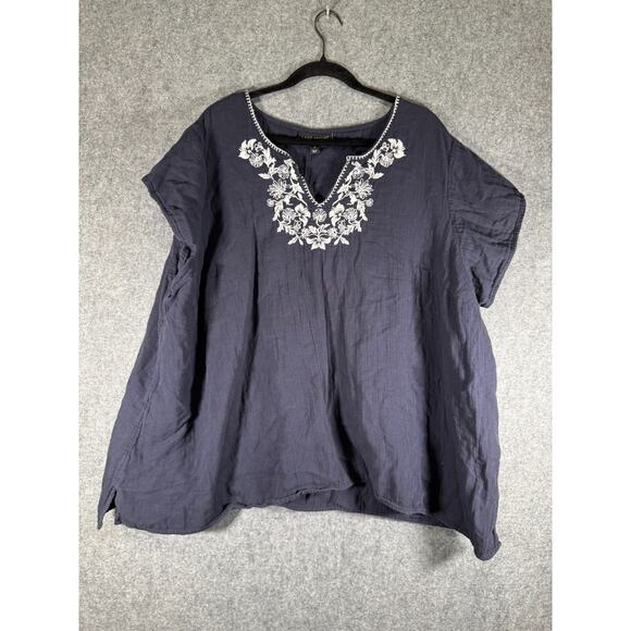 Lane Bryant Top Women 28 Navy Blue Embroidered Short Sleeve Relax Boho Feminine‎ - Picture 1 of 7
